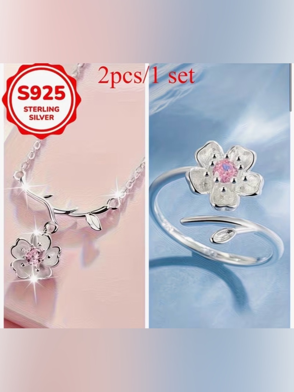 Sterling Silver Pink Cherry Blossom Necklace and Ring Set